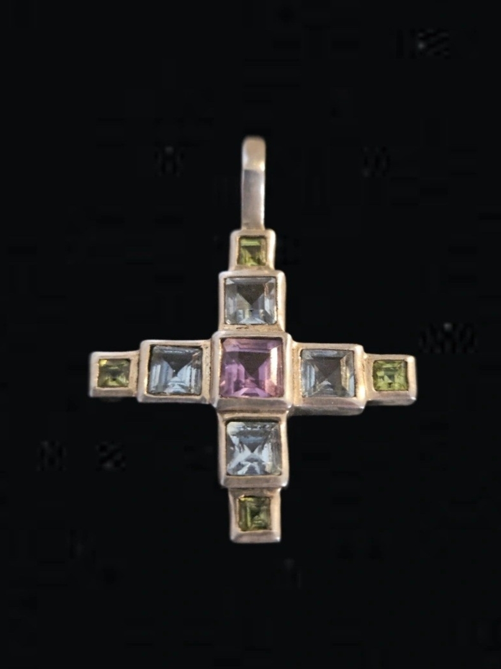 Vintage 925 Sterling Silver Geometric Cross Pendant Multi-Gemstone Princess Cut